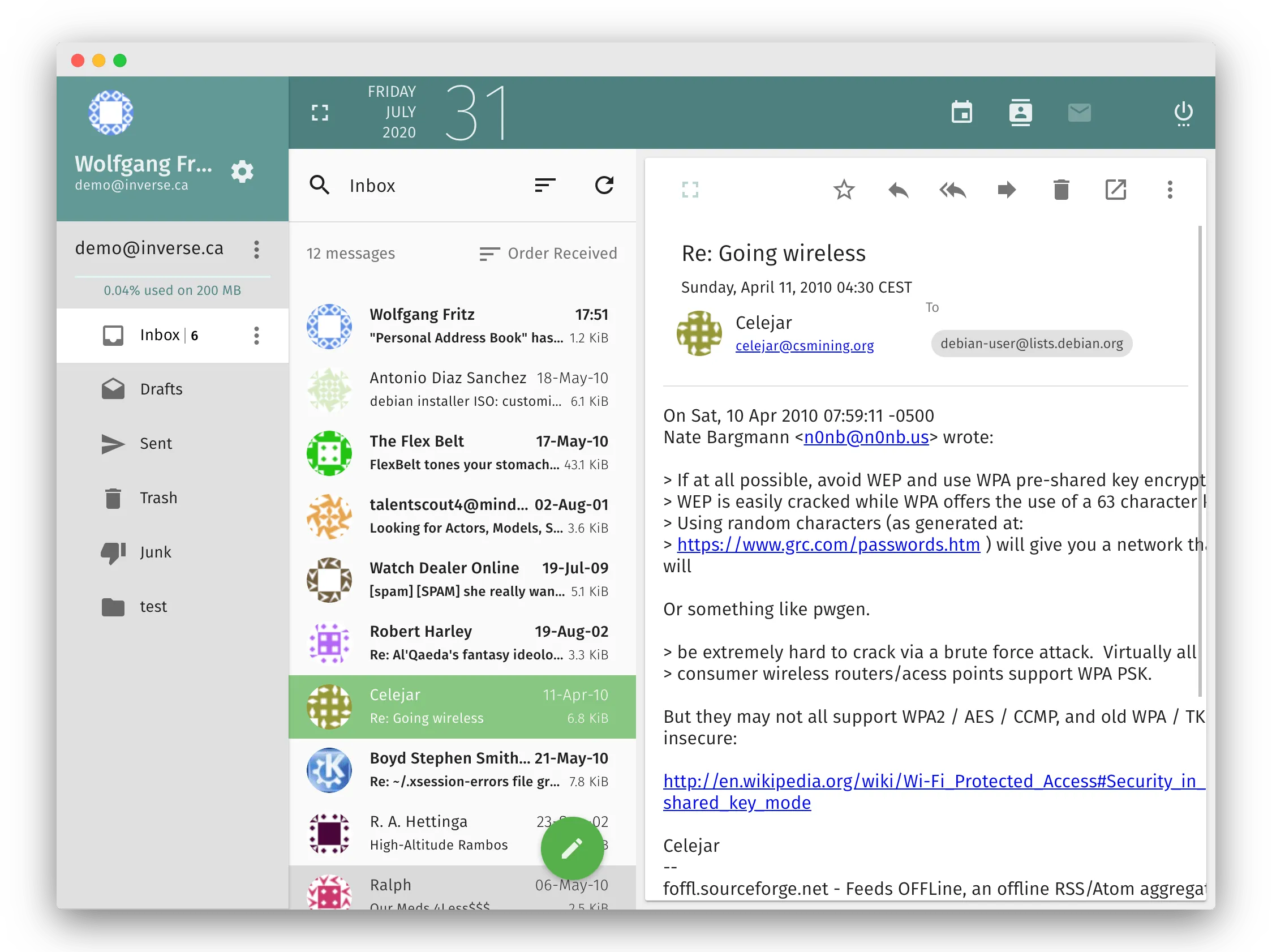 Webmail SOGo con cartelle, elenco messaggi e lettura di un’email